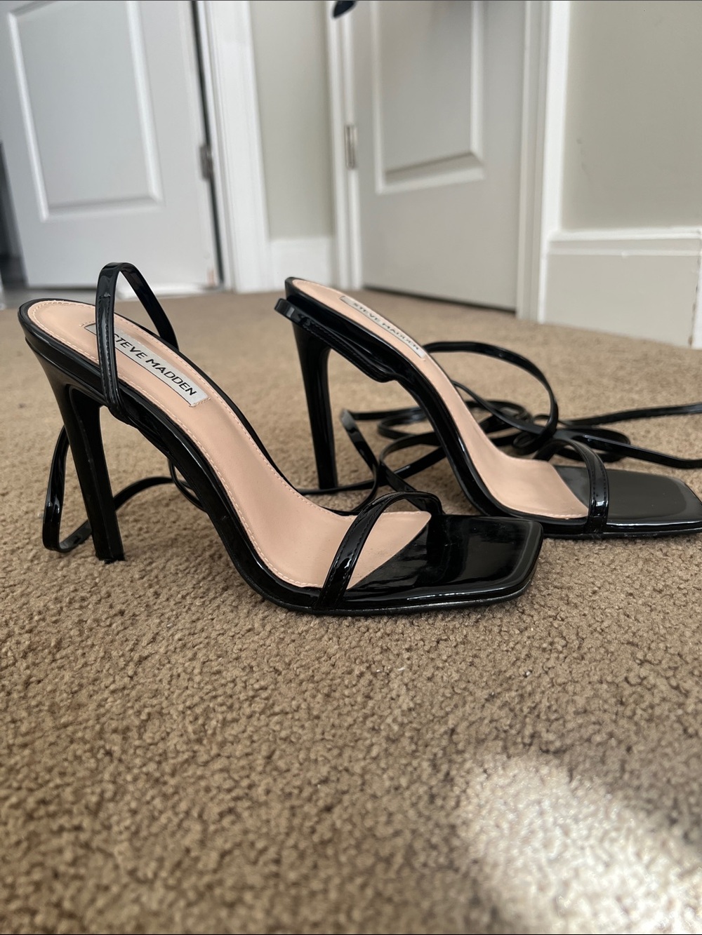 Steve Madden Black Patent Lace-Up Stiletto Sandals